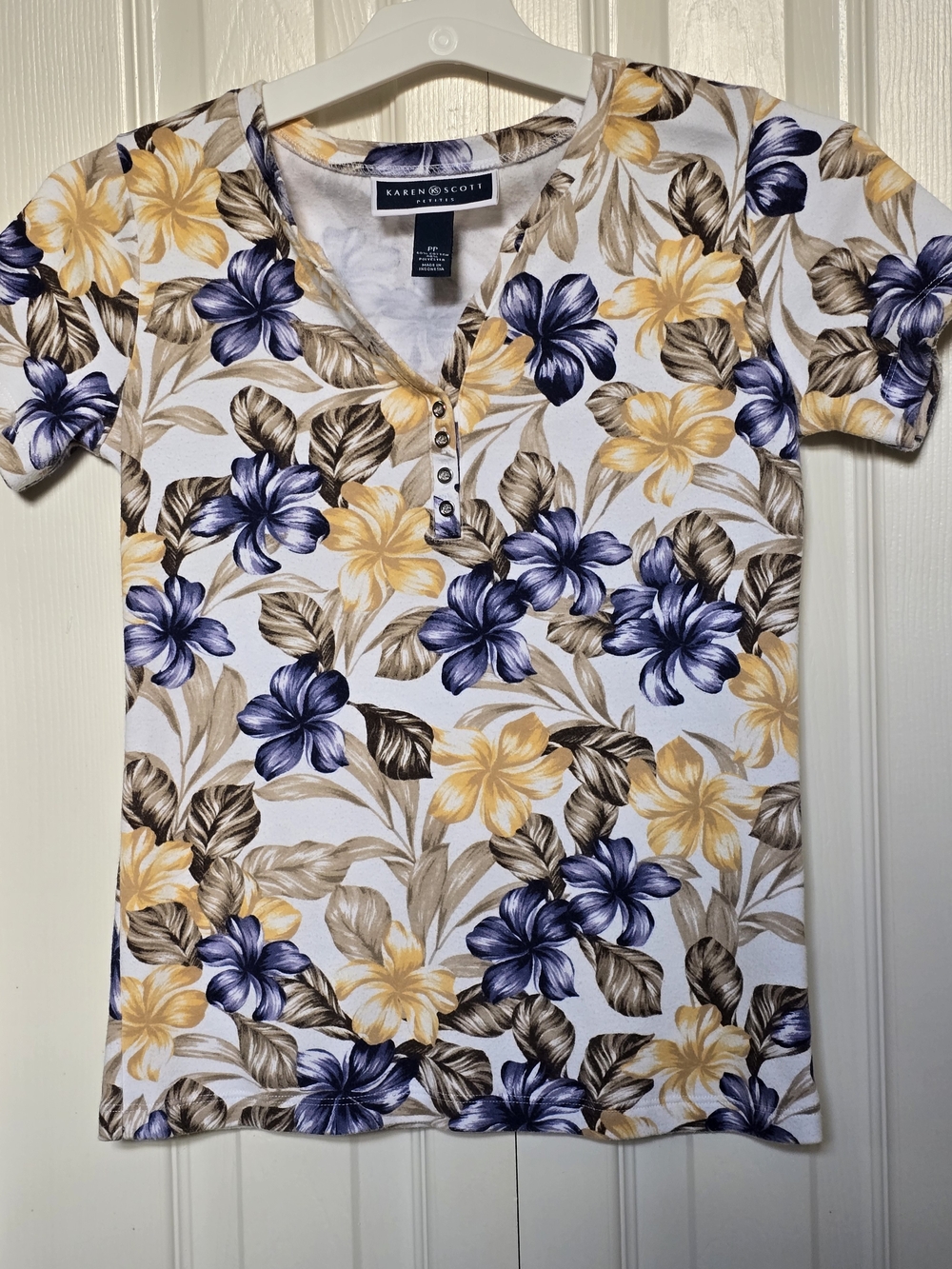 Karen Scott Short-Sleeve Floral Henley Top - Yellow, Blue & Brown